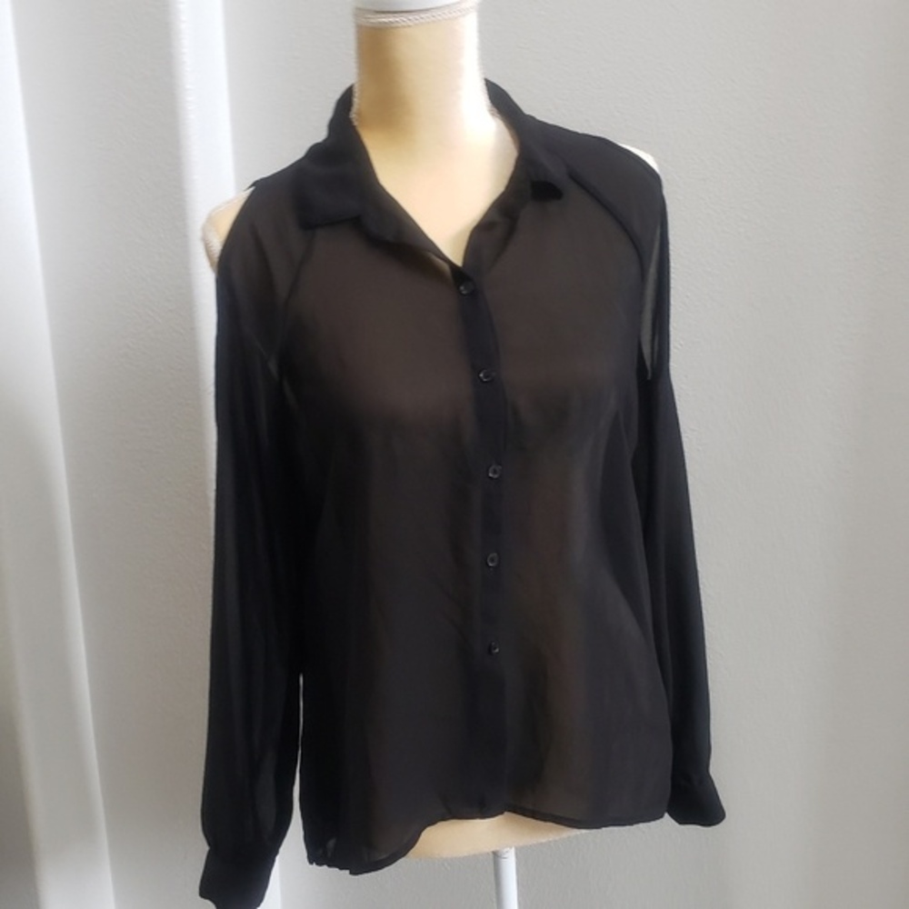 Ambience Apparel sheer  sheer black cold shoulder, button up medium